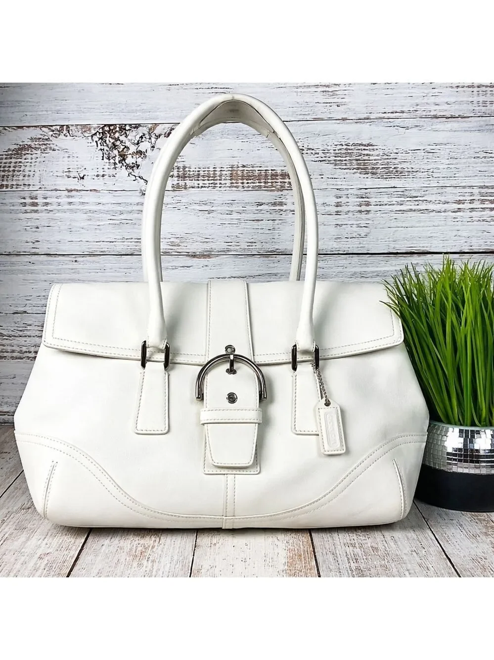 Coach Buckle Vintage Hand Shoulder Bag Soho‎ White Leather Satchel Silver Hardwa